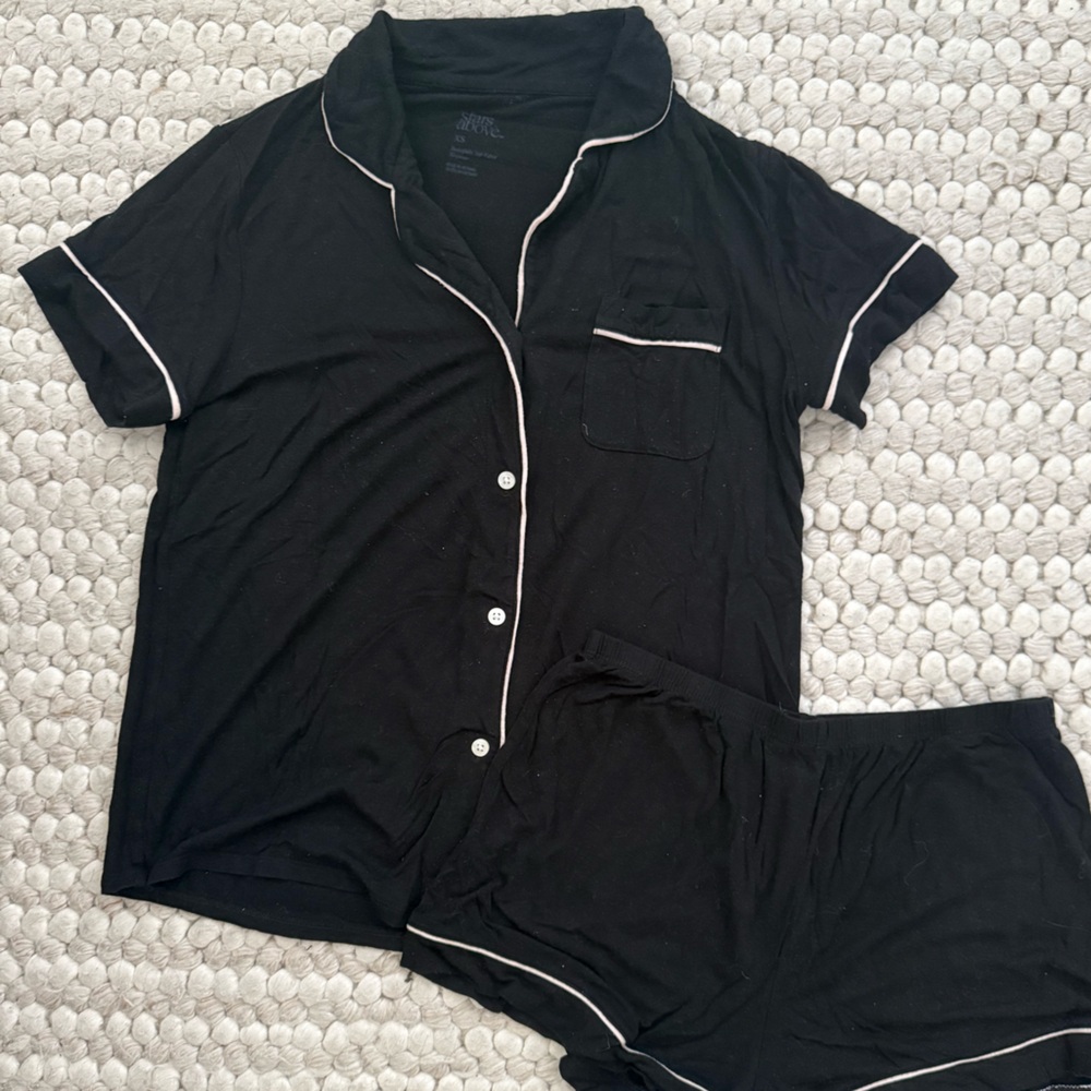 Stars Above Black Pajama Set with White Trim